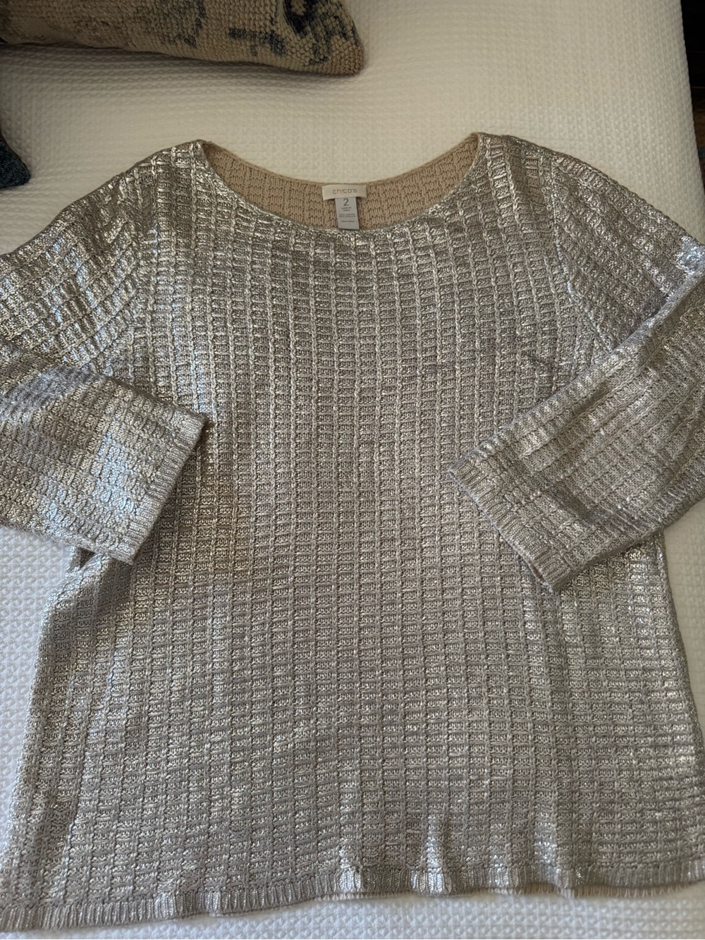 Chico's Silver Metallic Textured Scoop-Neck Pullover